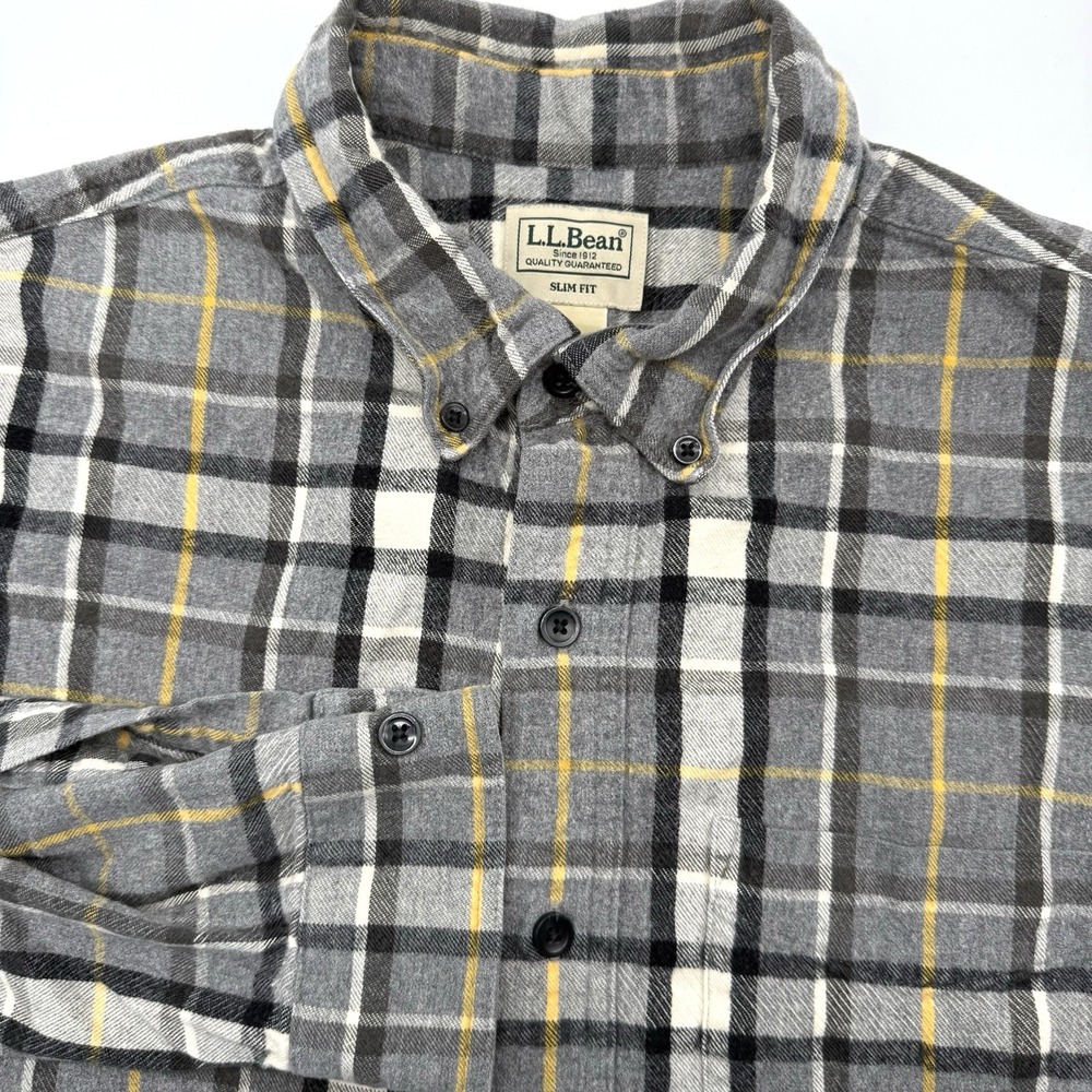 LL Bean Flannel Shirt Mens L Grey Plaid Slim Fit Button Down 510590 Cotton